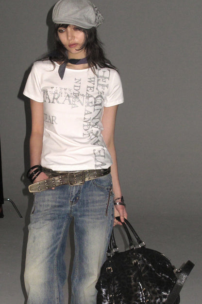 Silver Glitter Letter Print Short-Sleeve T-Shirt