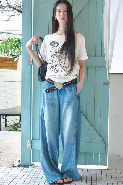 Bird And Tulip Print One-Shoulder Tencel T-Shirt