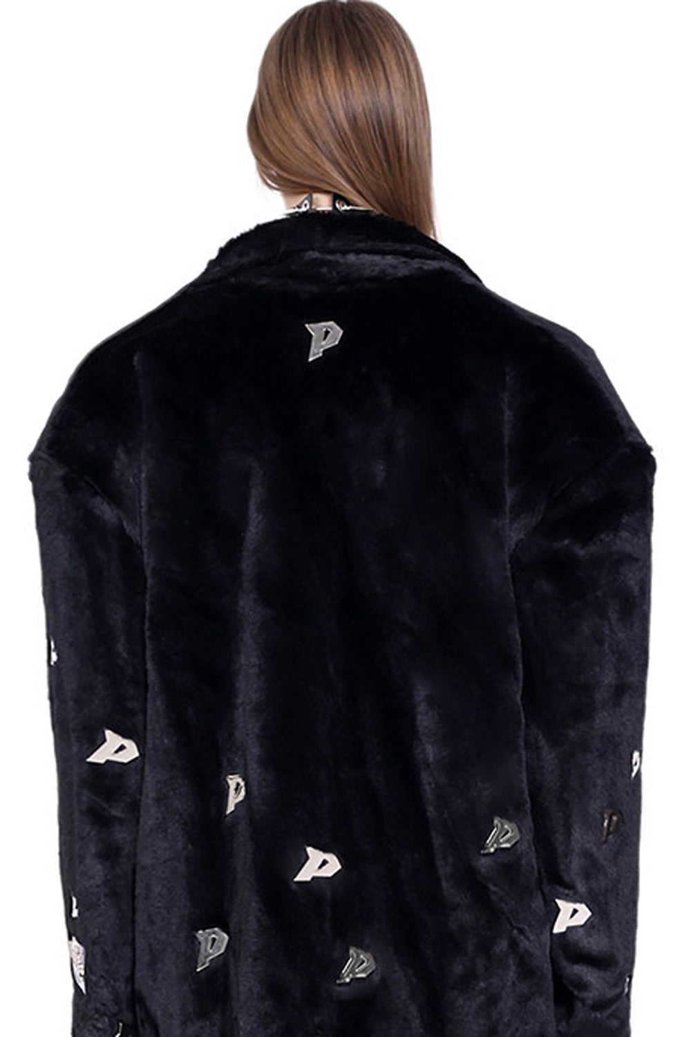 Letter Quilted Shoulder Pads Genderless Black Fur Jacket