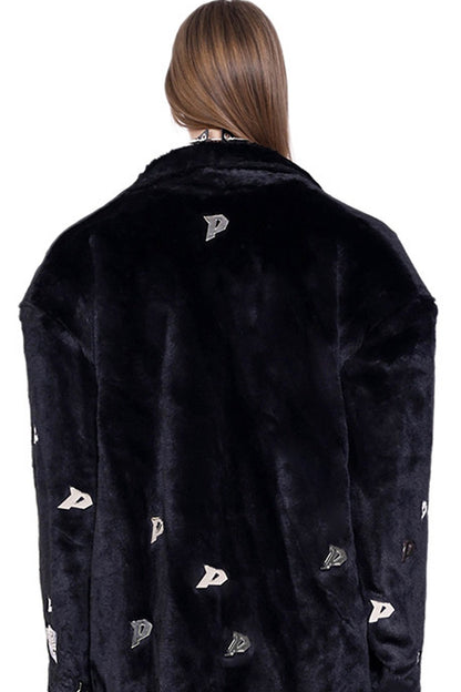 Letter Quilted Shoulder Pads Genderless Black Fur Jacket