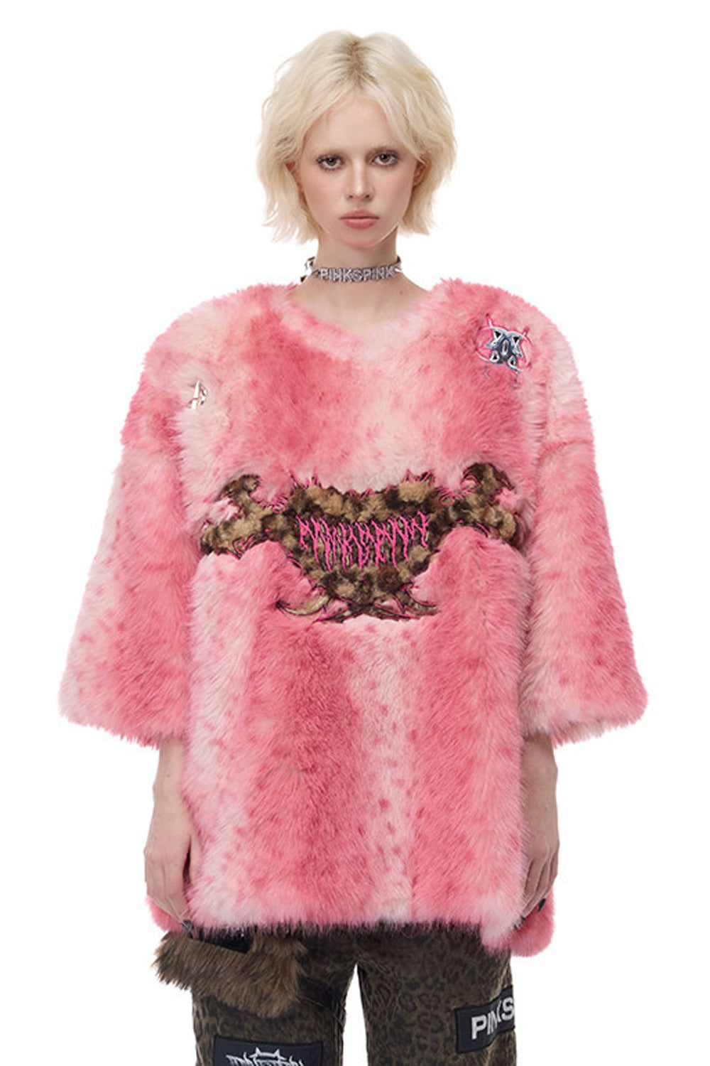 Pink Leopard Heart Embroidered Faux Fur Jacket