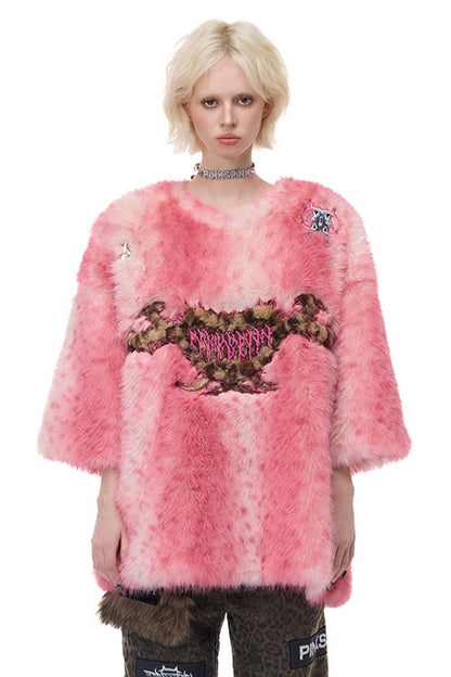 Pink Leopard Heart Embroidered Faux Fur Jacket