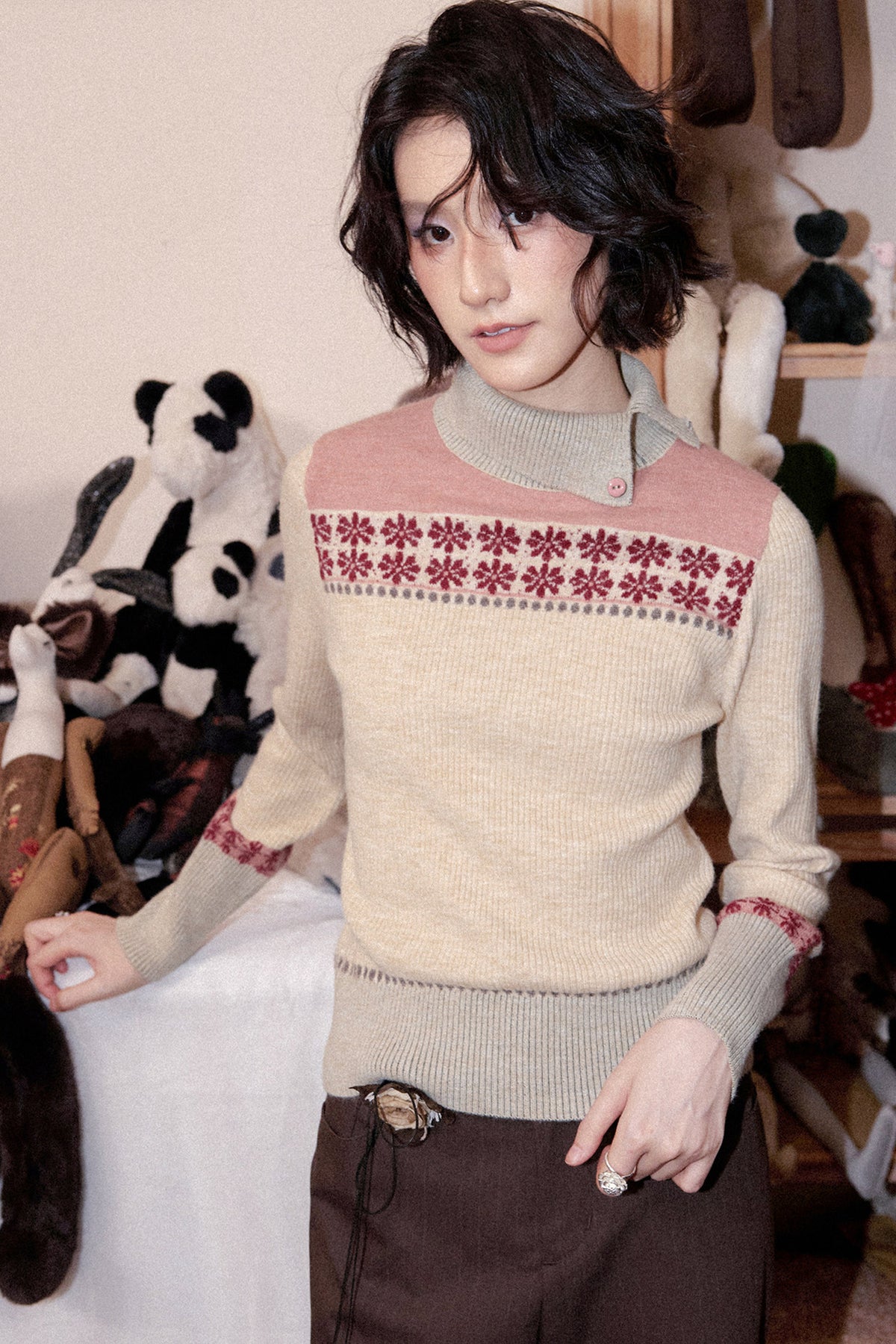 Floral High-Neck Pullover Sweater