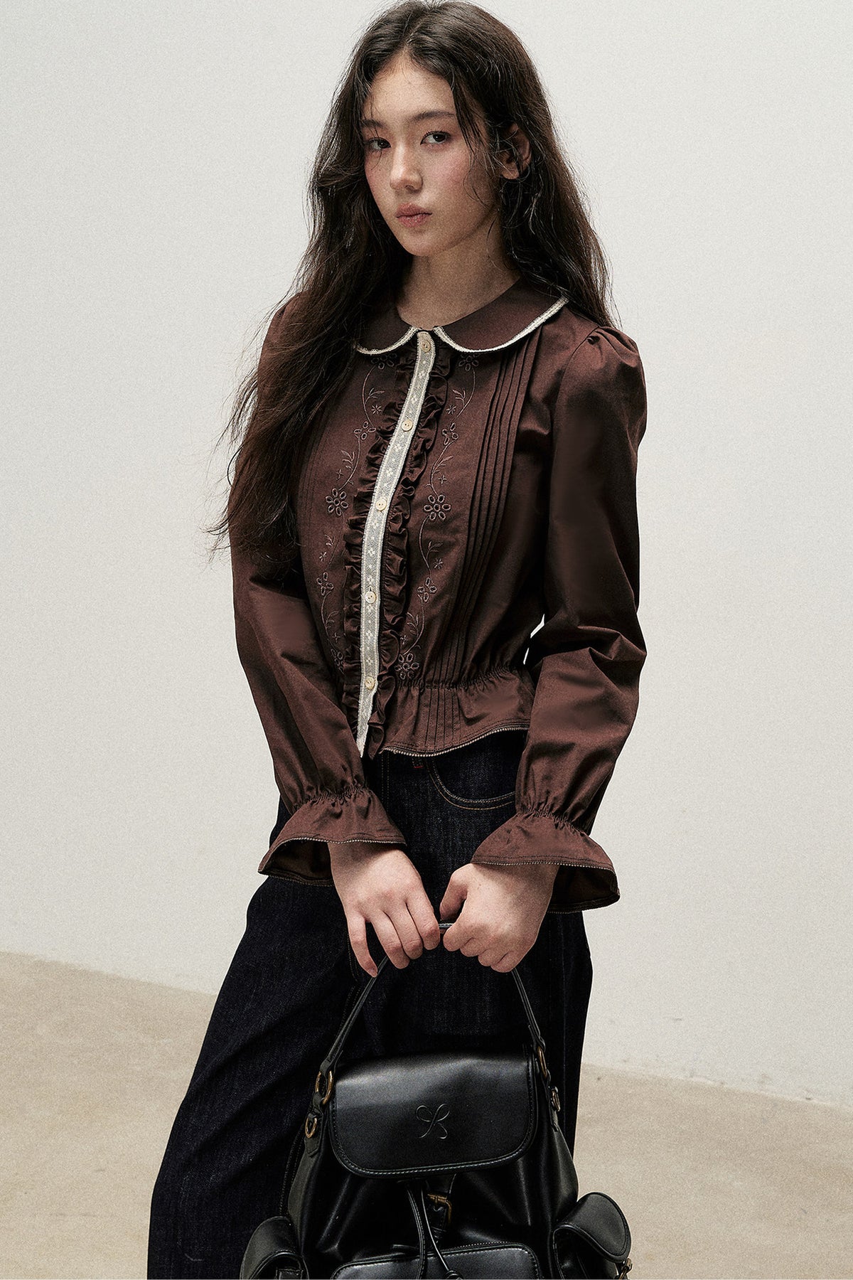 Brown Cotton Linen Lace Trim Shirt