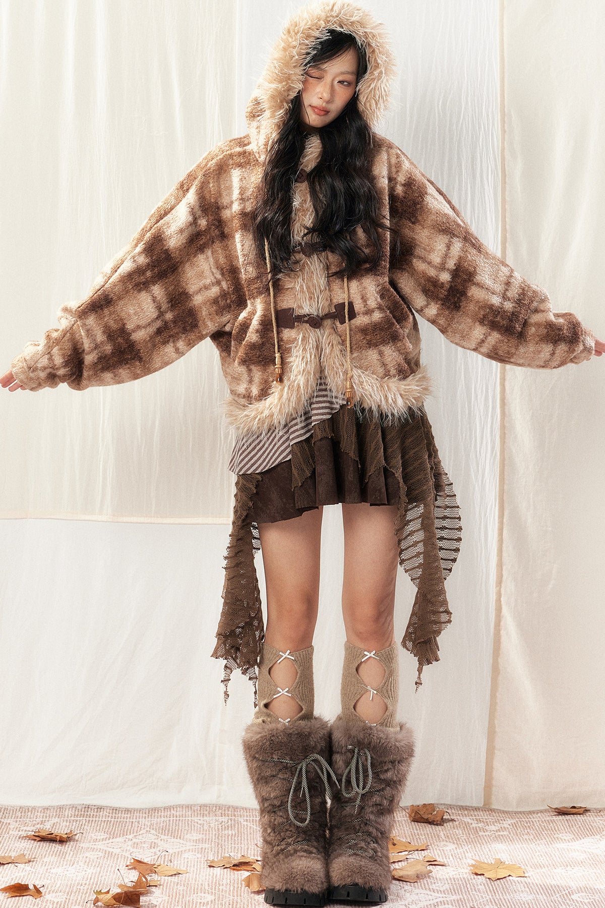 Hooded Plaid Fur Collar Jacket