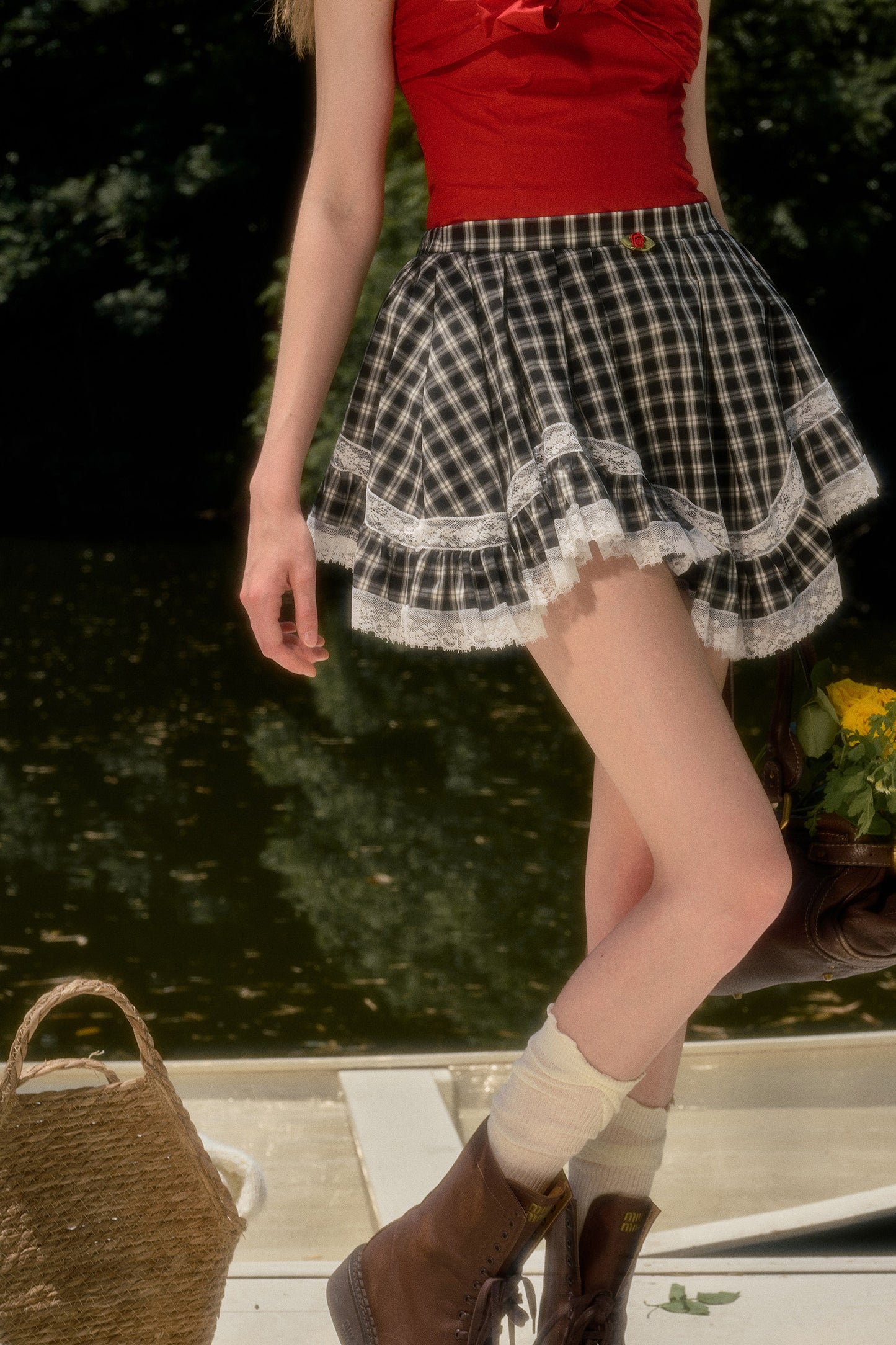 White Plaid Lace Skirt