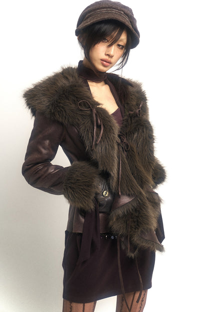 Ruffled Fur Collar Fleece-Lined Coat