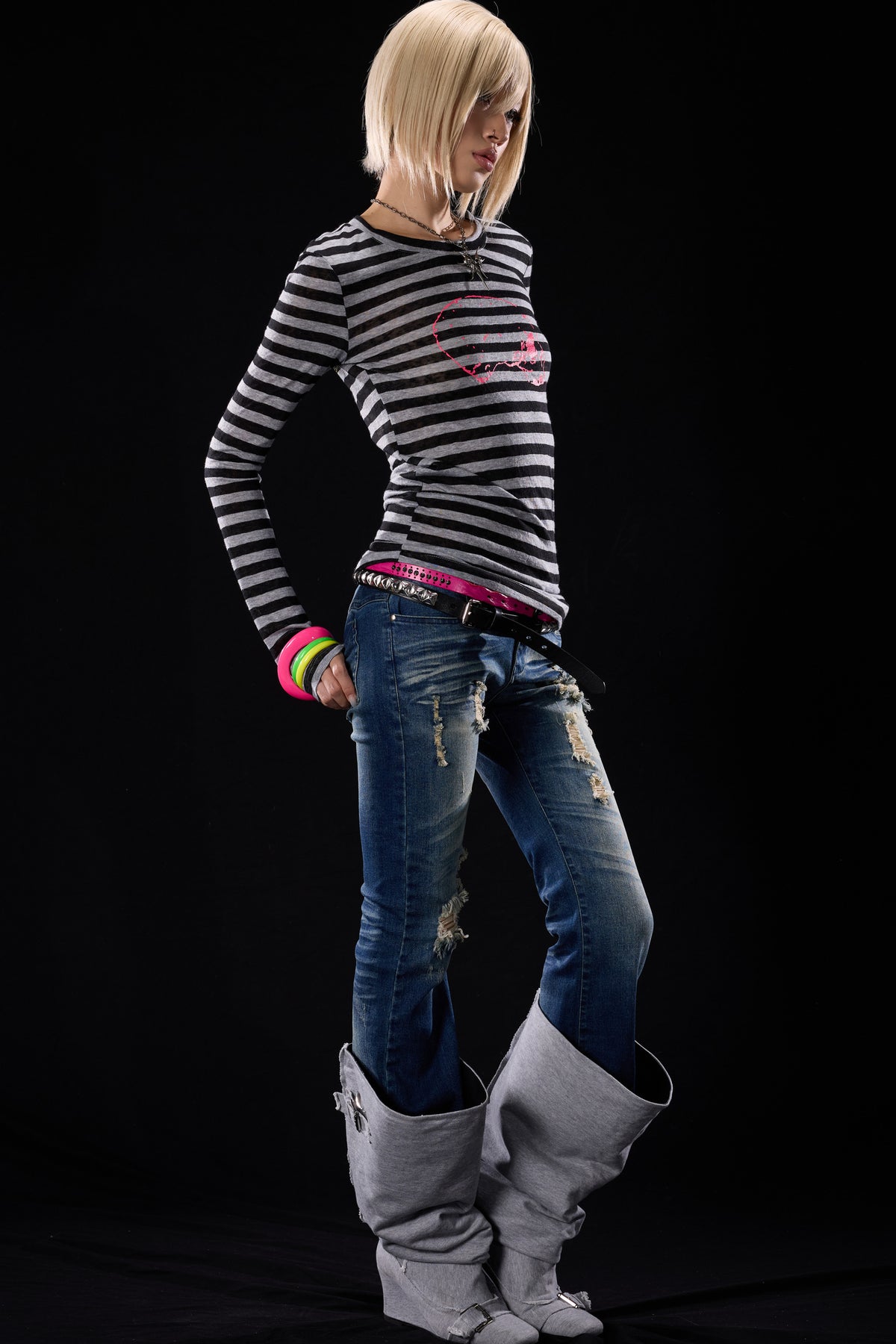 Skull Print Striped Long-Sleeve T-Shirt
