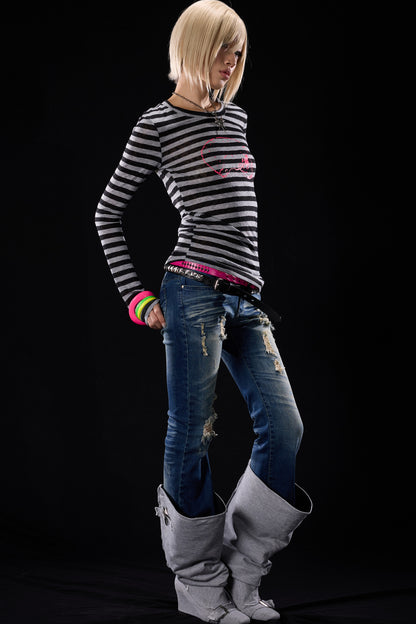 Skull Print Striped Long-Sleeve T-Shirt
