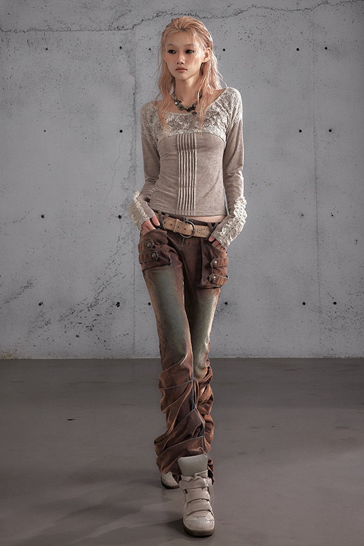 Punk Flocked Ruched Low-Waist Curved Leg Jeans