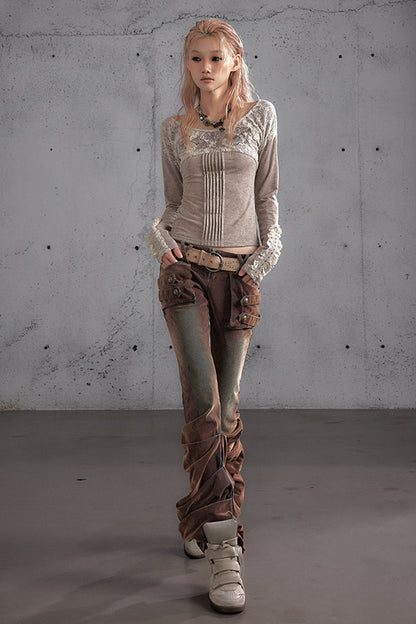 Punk Flocked Ruched Low-Waist Curved Leg Jeans