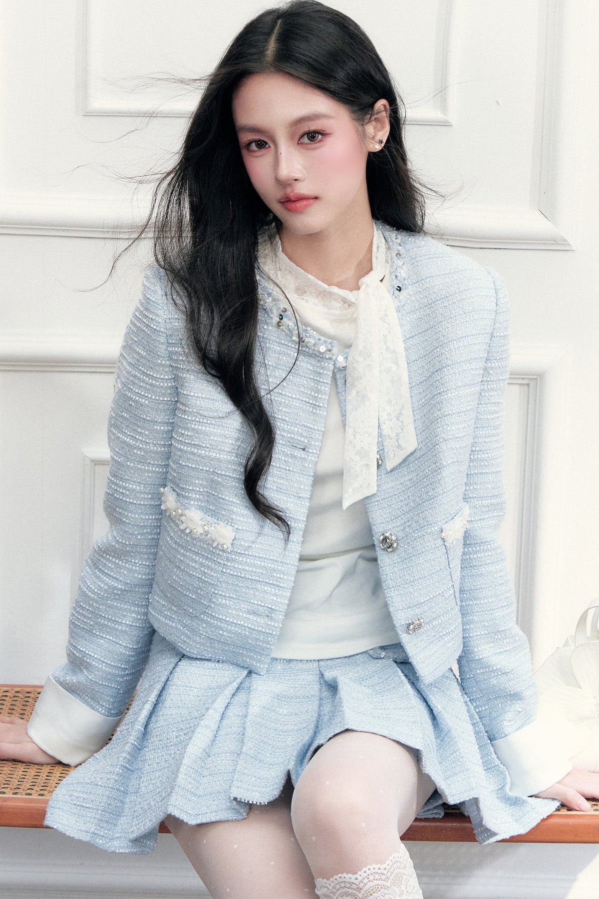 Beaded Tweed Jacket and Pleated Skirt Set