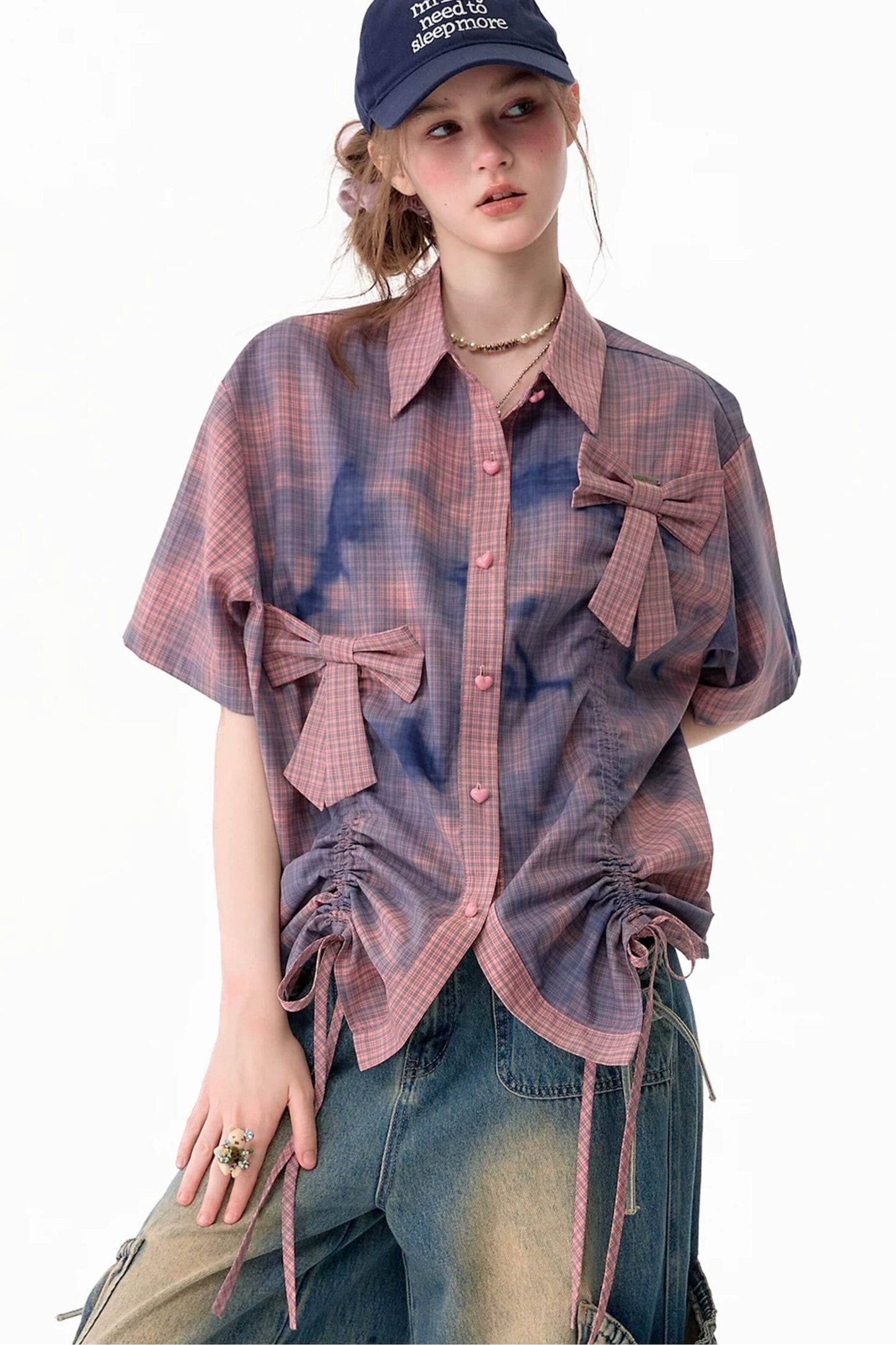 Chemise à manches courtes à carreaux roses avec nœud et cordon de serrage