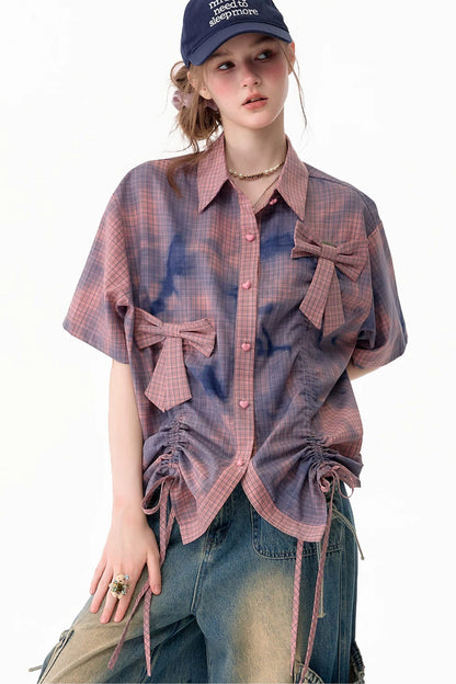 Chemise à manches courtes à carreaux roses avec nœud et cordon de serrage