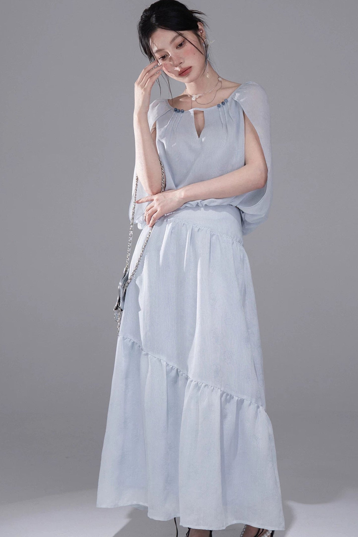 Elegant Ice Blue Linen Cape Set