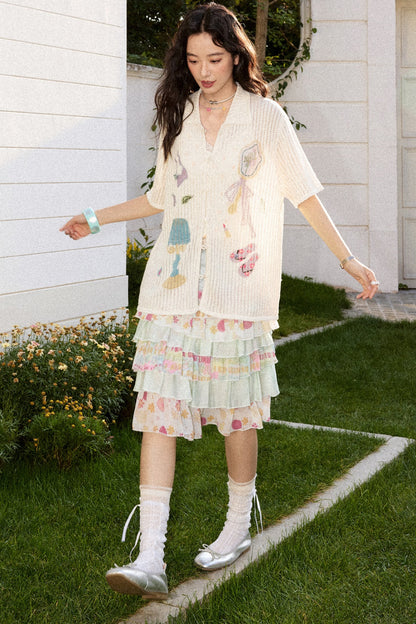 Perforated Long-Sleeved Vertical Stripe Printed Knit Set-Up