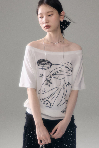 Bird And Tulip Print One-Shoulder Tencel T-Shirt