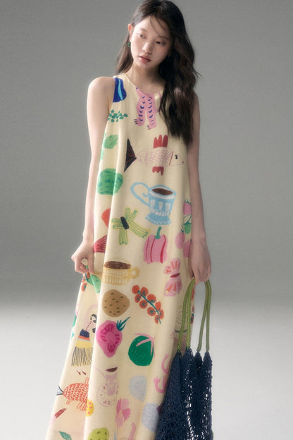 Hand-Painted Fruit Vegetable Print Sleeveless Vest Dress