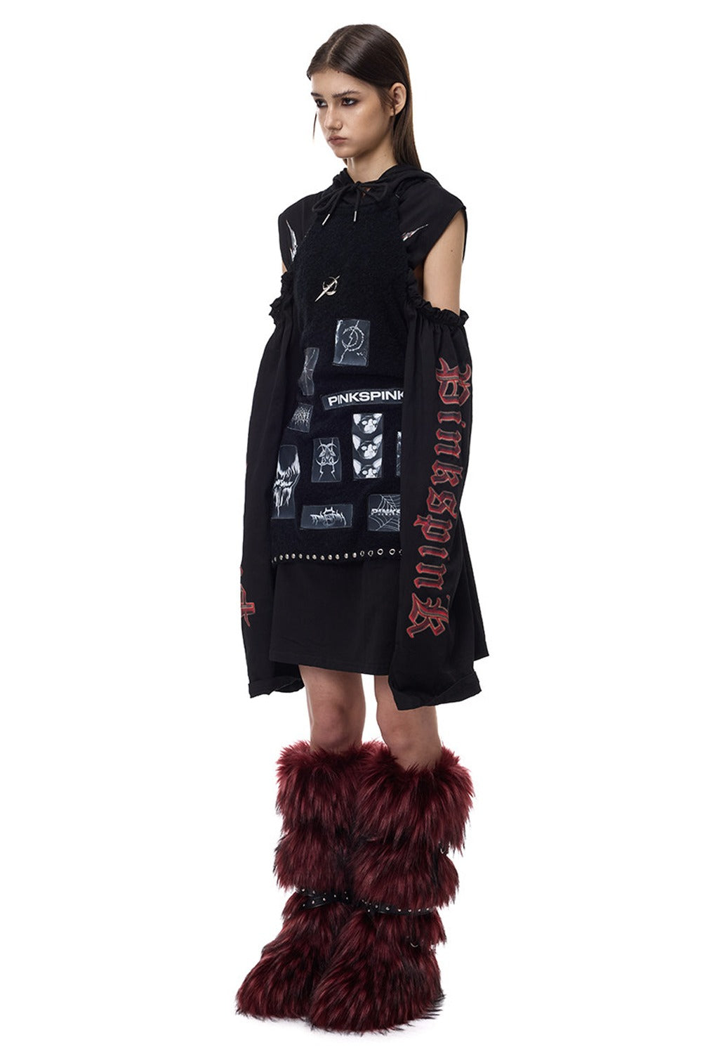 Punk Patchwork Knitted Hooded Sweater Dress
