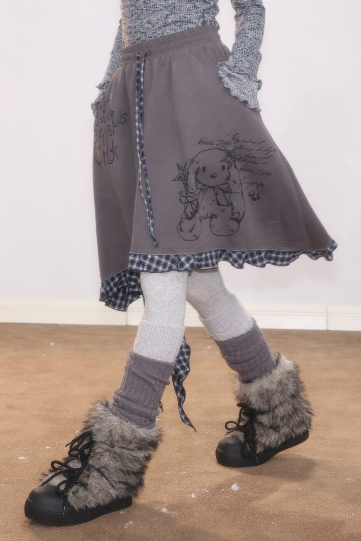 Plaid Graffiti Rabbit Irregular Hem Skirt