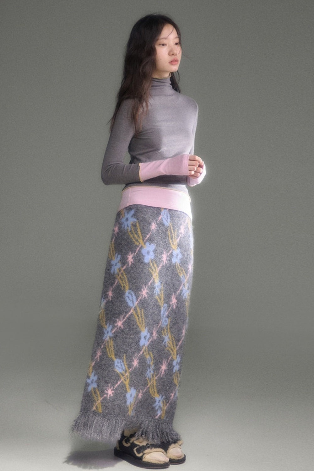 Ear-Shaped Wool-Blend Bird and Flower Jacquard Dress Set-Up