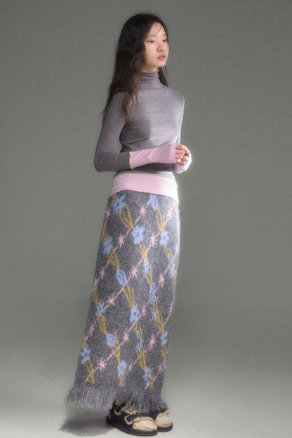 Ear-Shaped Wool-Blend Bird and Flower Jacquard Dress Set-Up