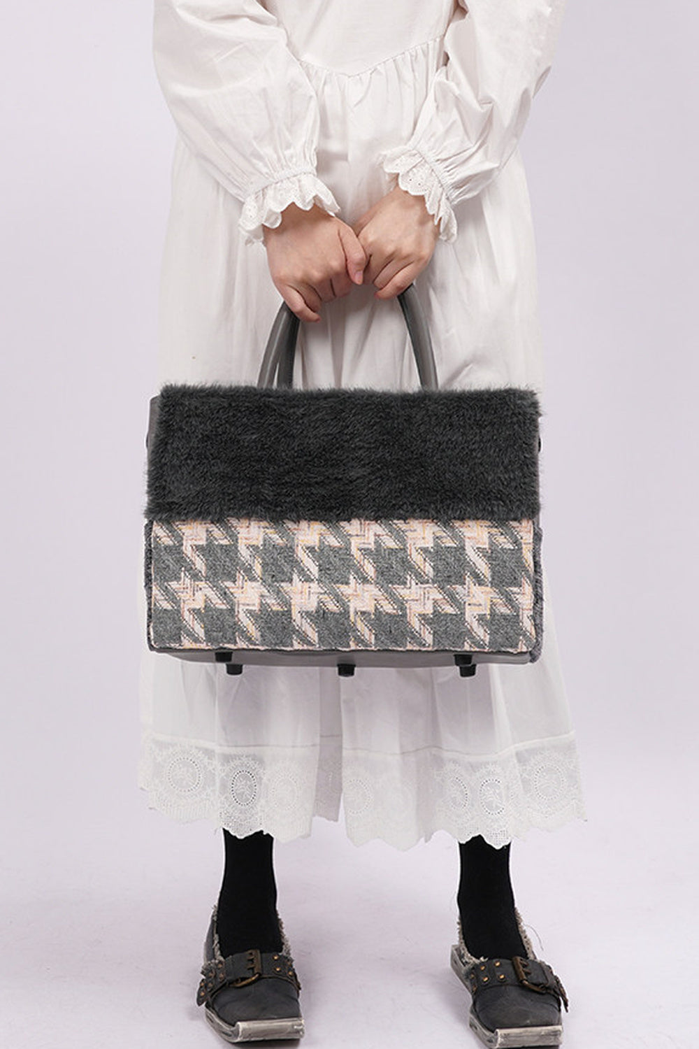 Furry Color-Block Tote Bag