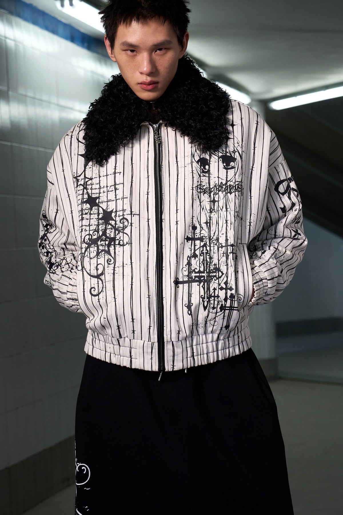 Detachable Fur Collar Thorn Stripe Jacket