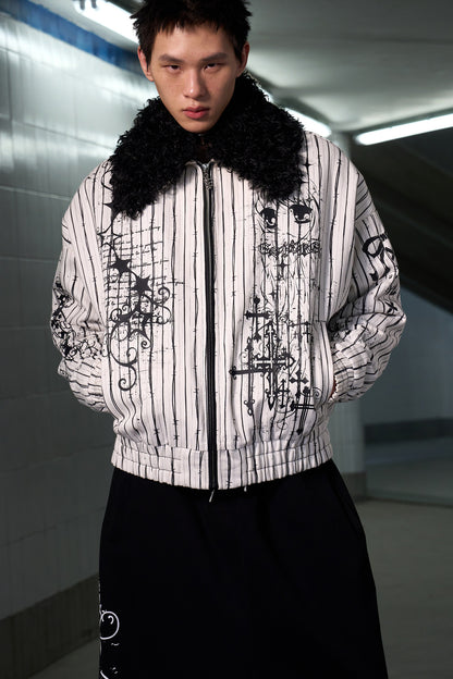 Detachable Fur Collar Thorn Stripe Jacket