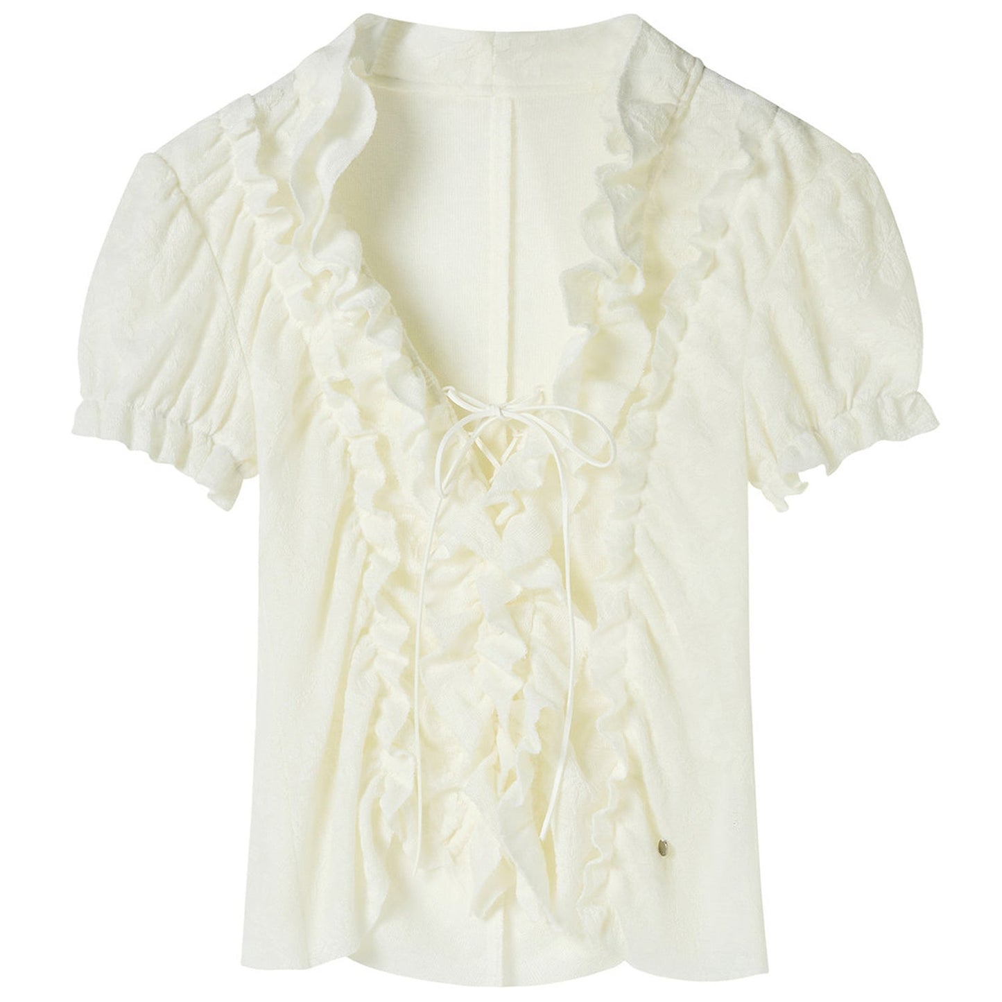 Beige Chest-Tie Ruffle V-Neck Blouse