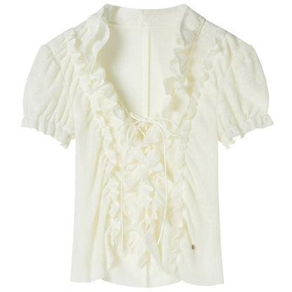 Beige Chest-Tie Ruffle V-Neck Blouse