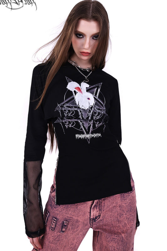 Printed Rabbit Mesh Blouse Set