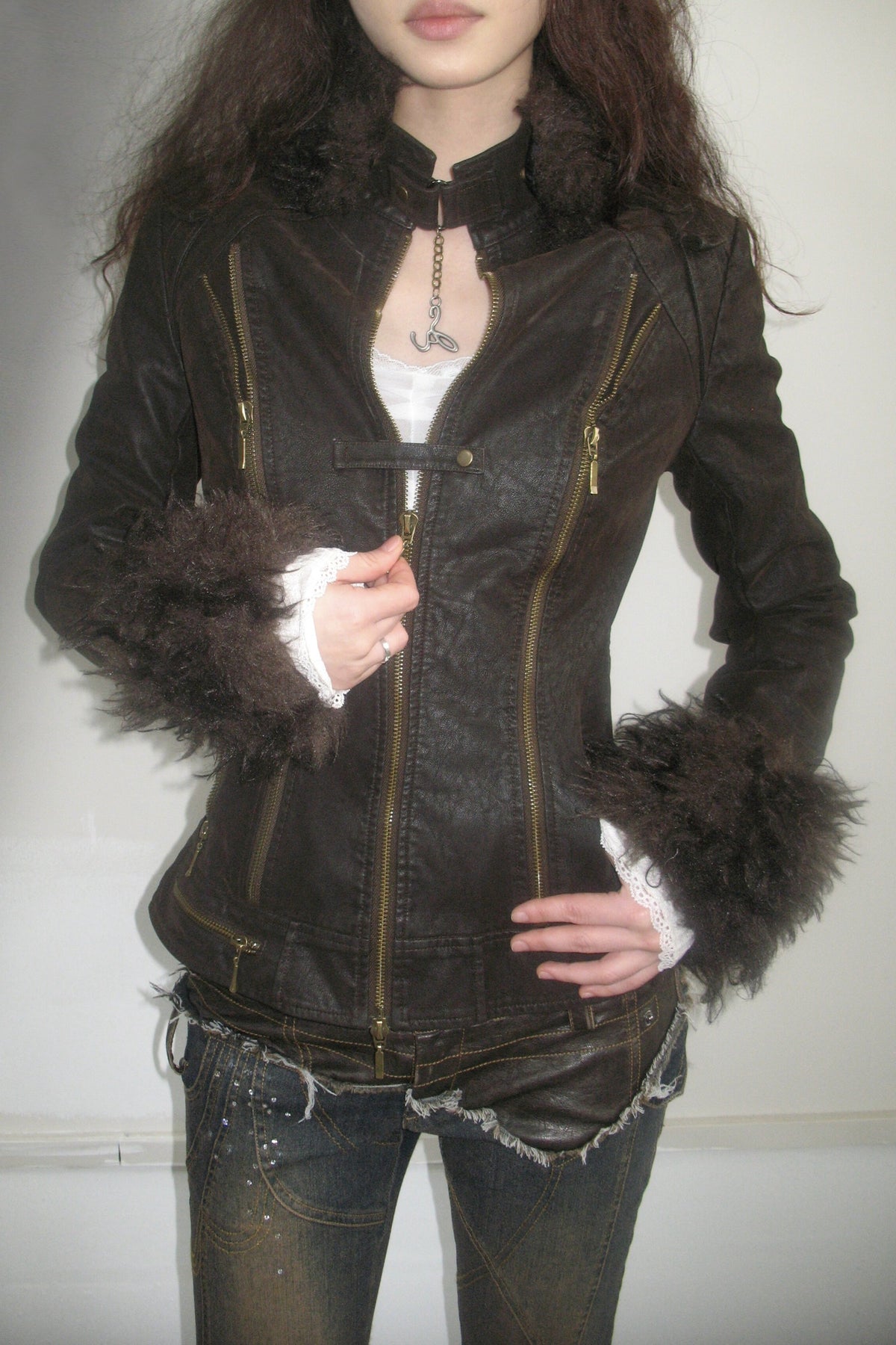 Dark Brown Quilted Leather Zipper Jacket