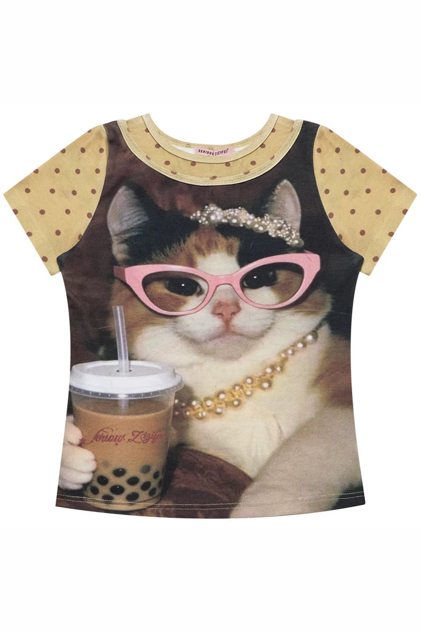 Retro Distressed Cat Print Yellow T-Shirt