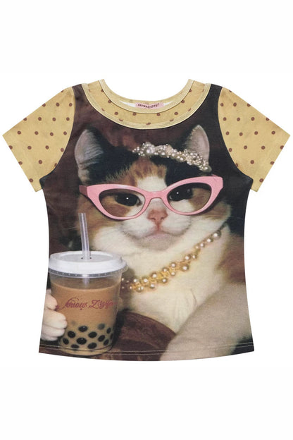Retro Distressed Cat Print Yellow T-Shirt