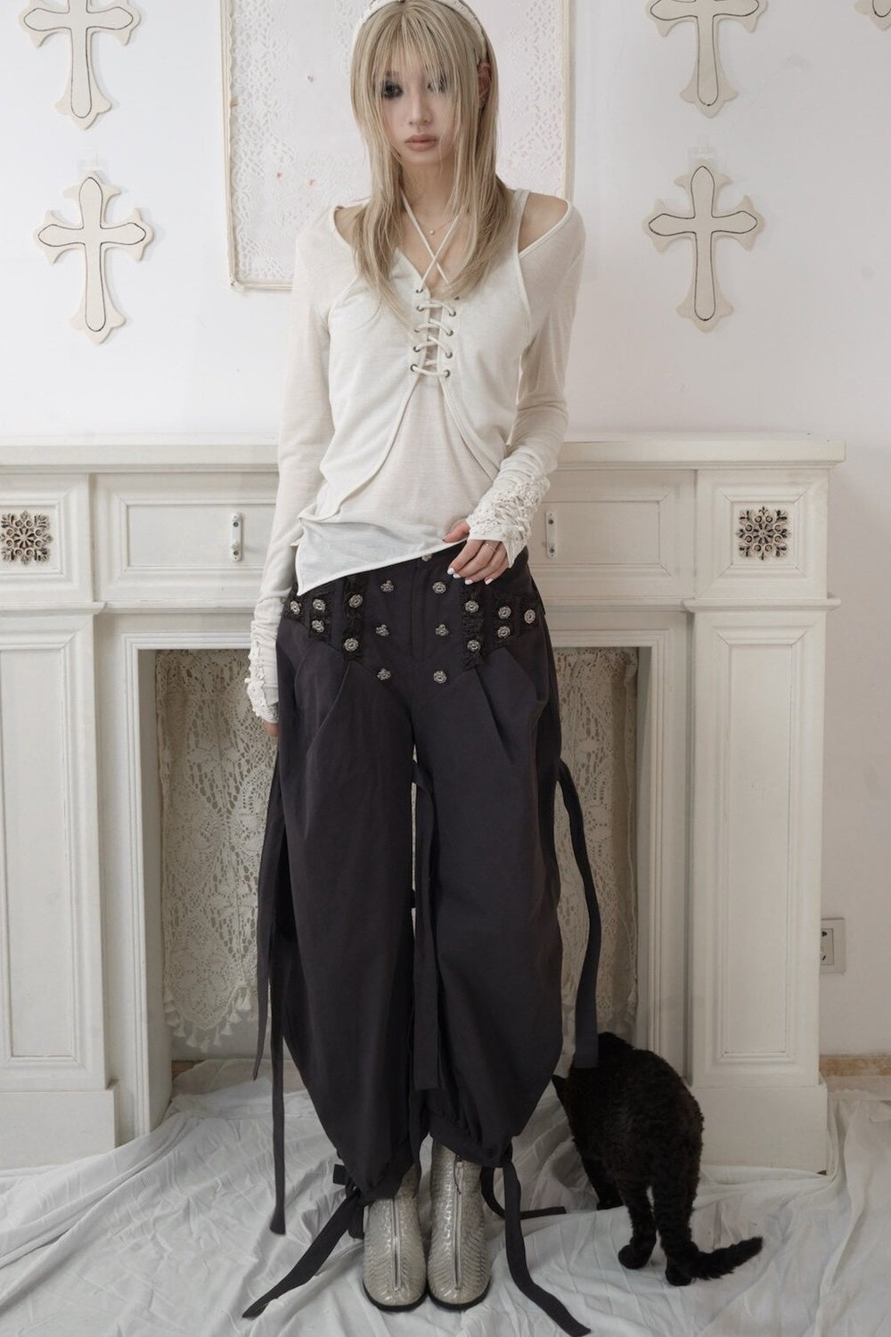 Adjustable Lace-Up Rivet Low-Waist Pants