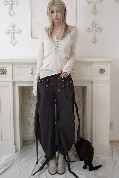 Adjustable Lace-Up Rivet Low-Waist Pants