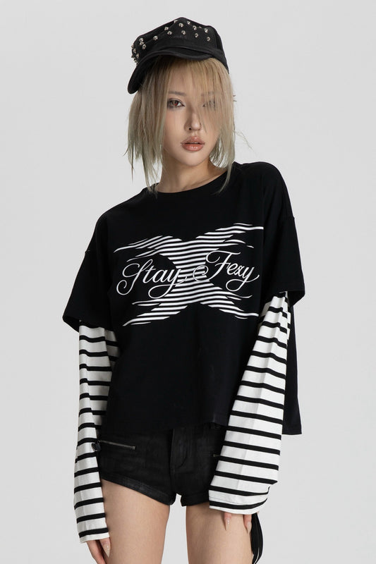 Black White Stripe Layered-Look T-Shirt