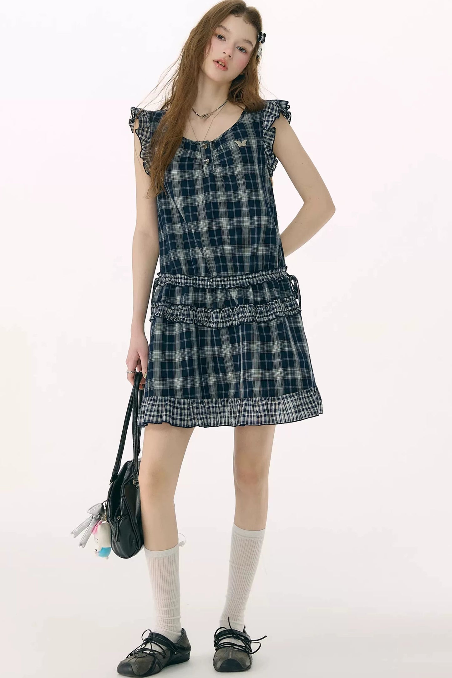 Dark Blue Plaid Flutter-Sleeve Dress