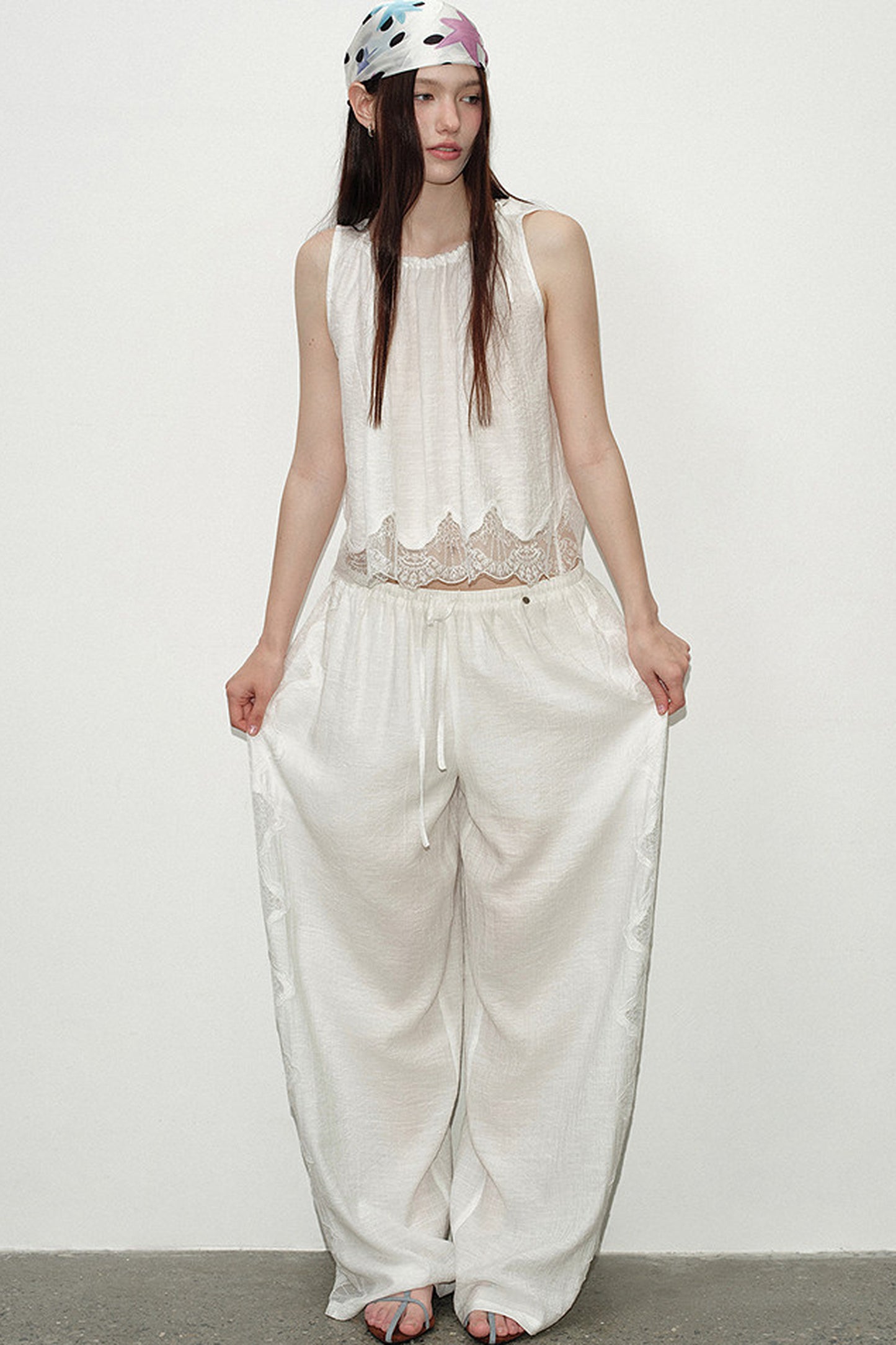 White Lace Trim Tank Top and Pants Set