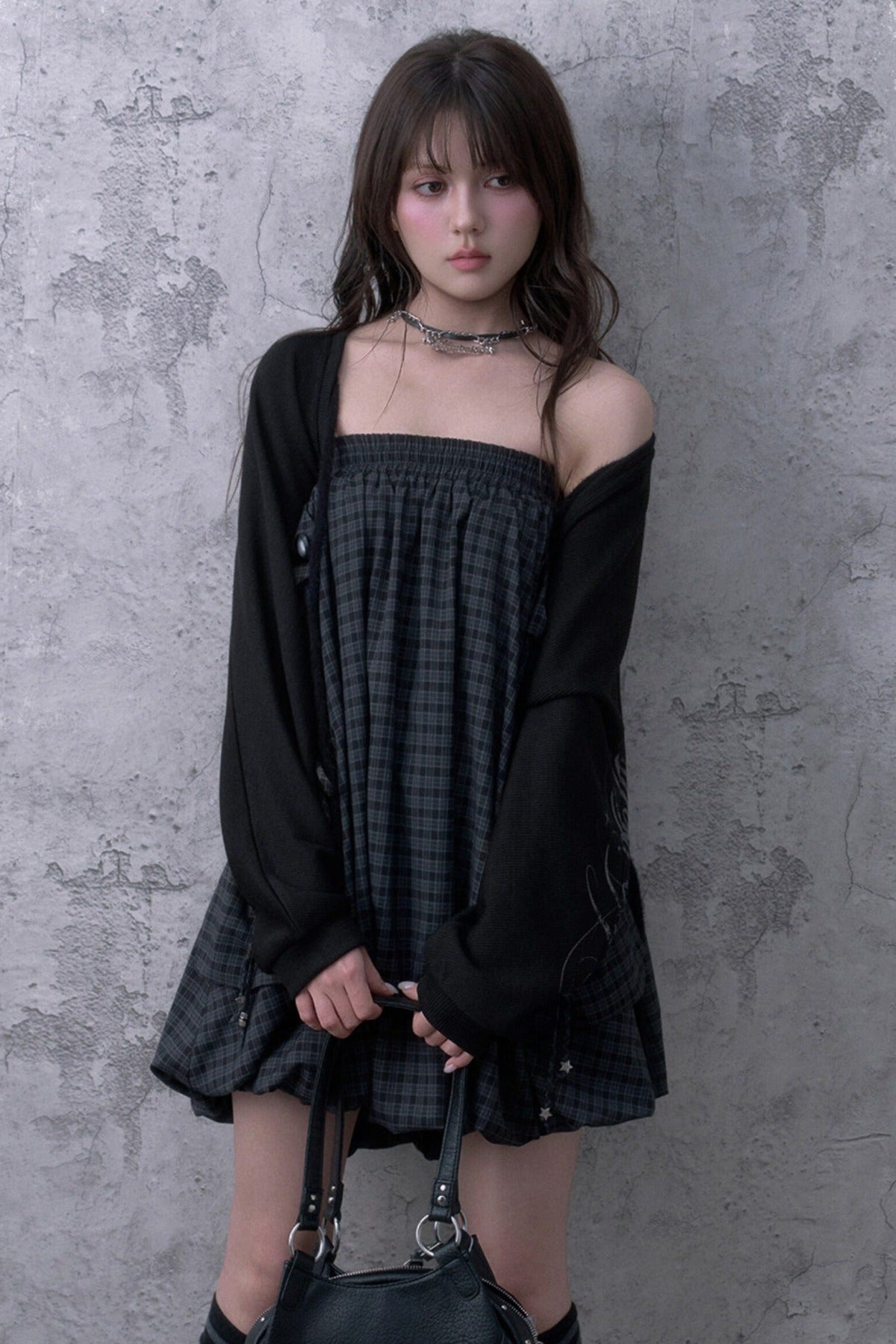 Black Gray Plaid Mid-Length Skirt Set-Up