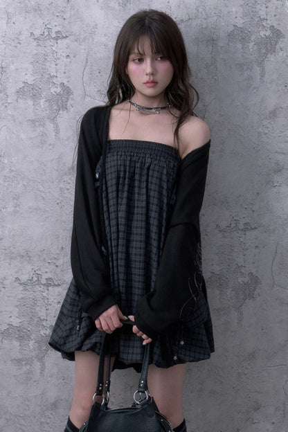 Black Gray Plaid Mid-Length Skirt Set-Up