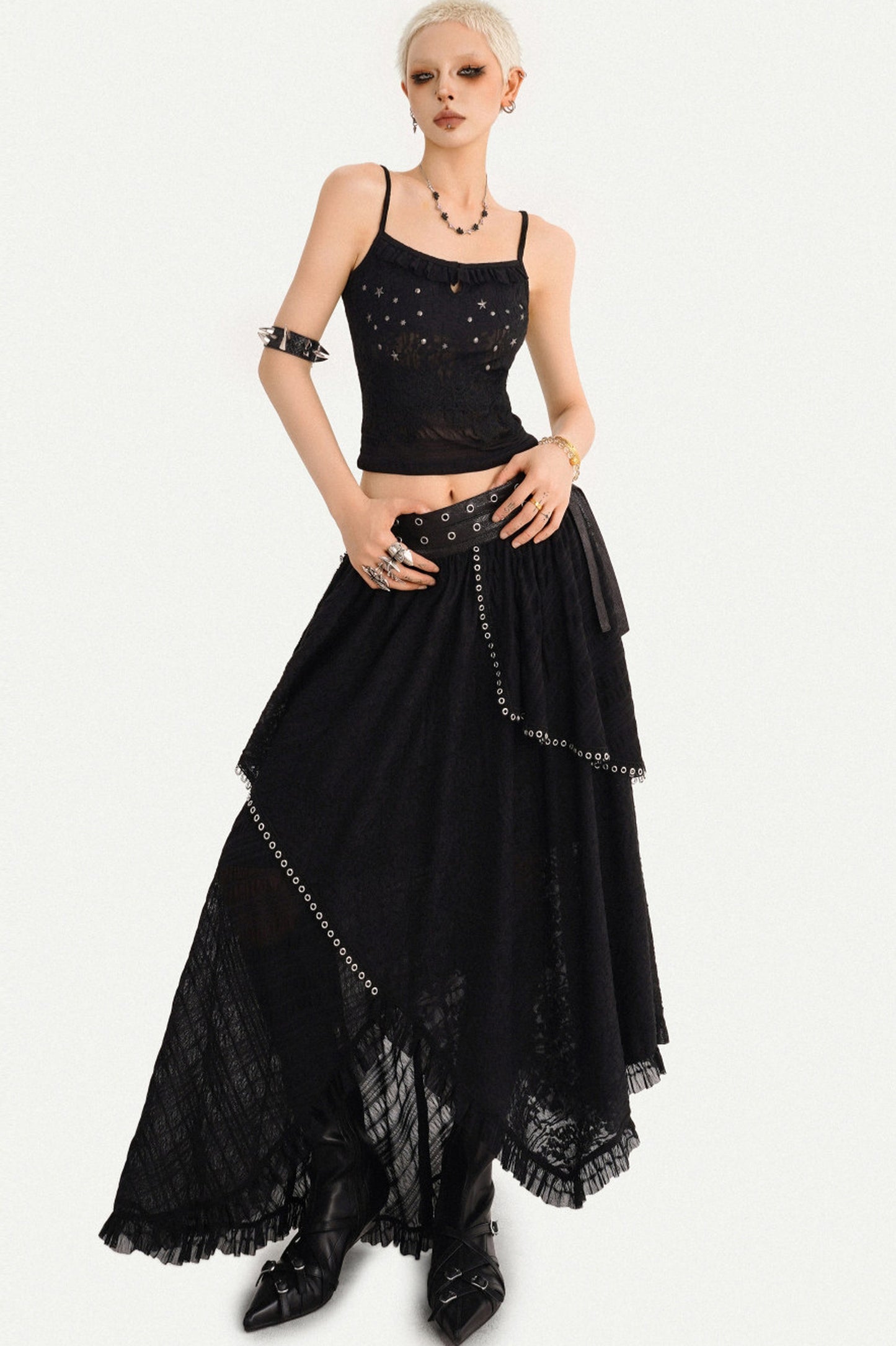 Gothic Lace Mesh Asymmetric Layered Hem Skirt