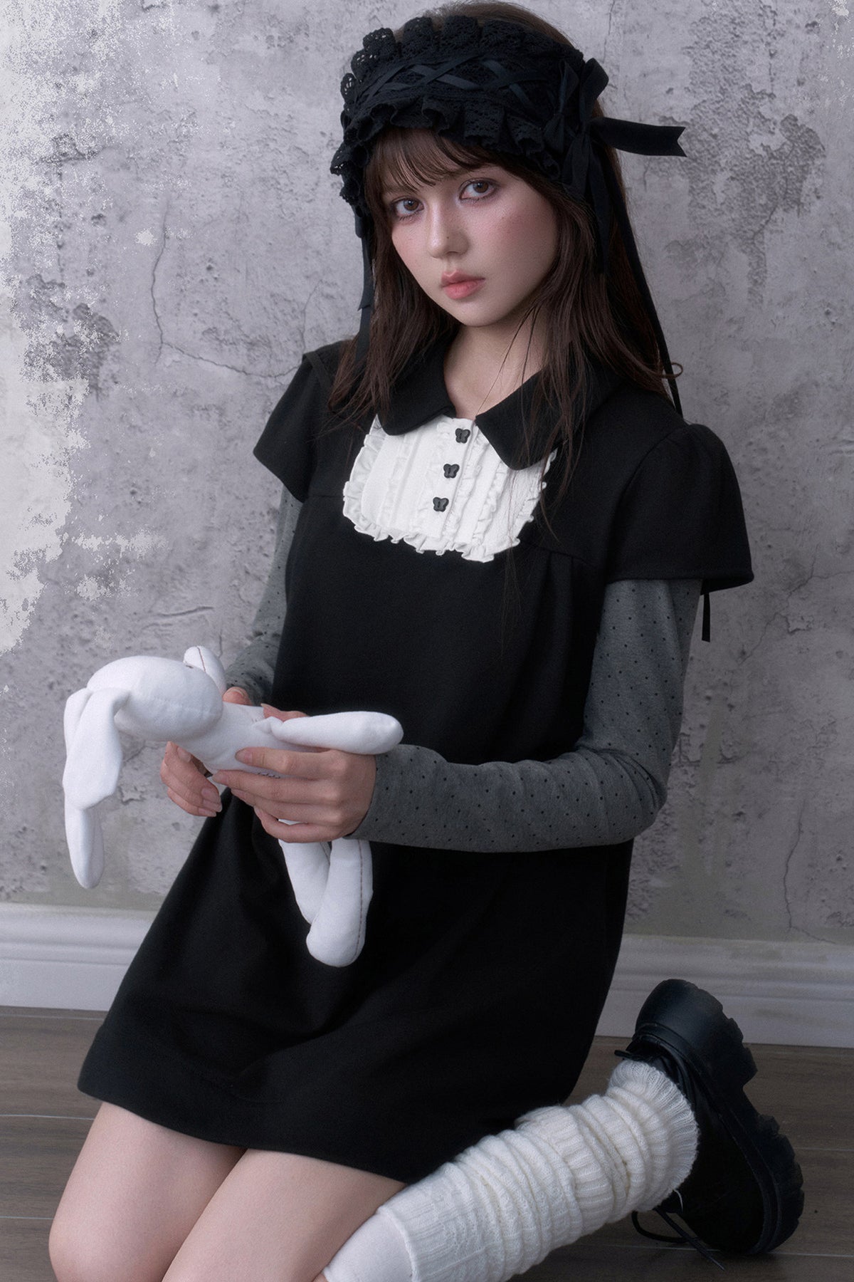 Dark Doll Collar Layered-Look Long Sleeve Dress