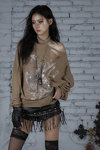 Ripped Off-Shoulder Punk Print Knit Top
