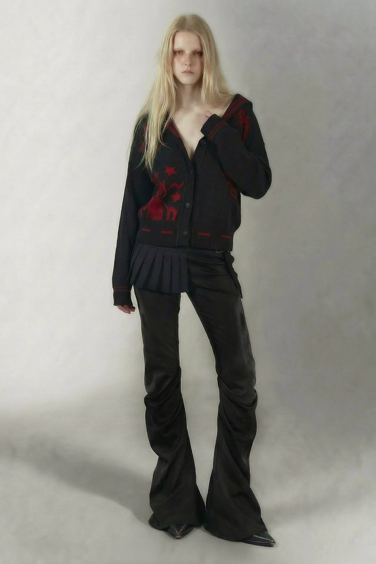 Red Pattern Sailor Hood Cardigan