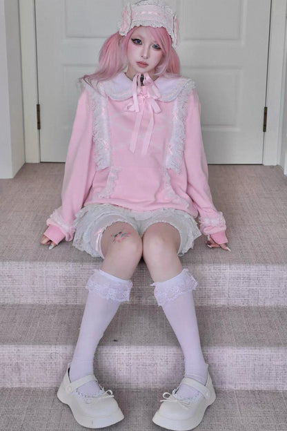 Bow Lace Trim Detachable Collar Sweatshirt and Leggings Set-Up