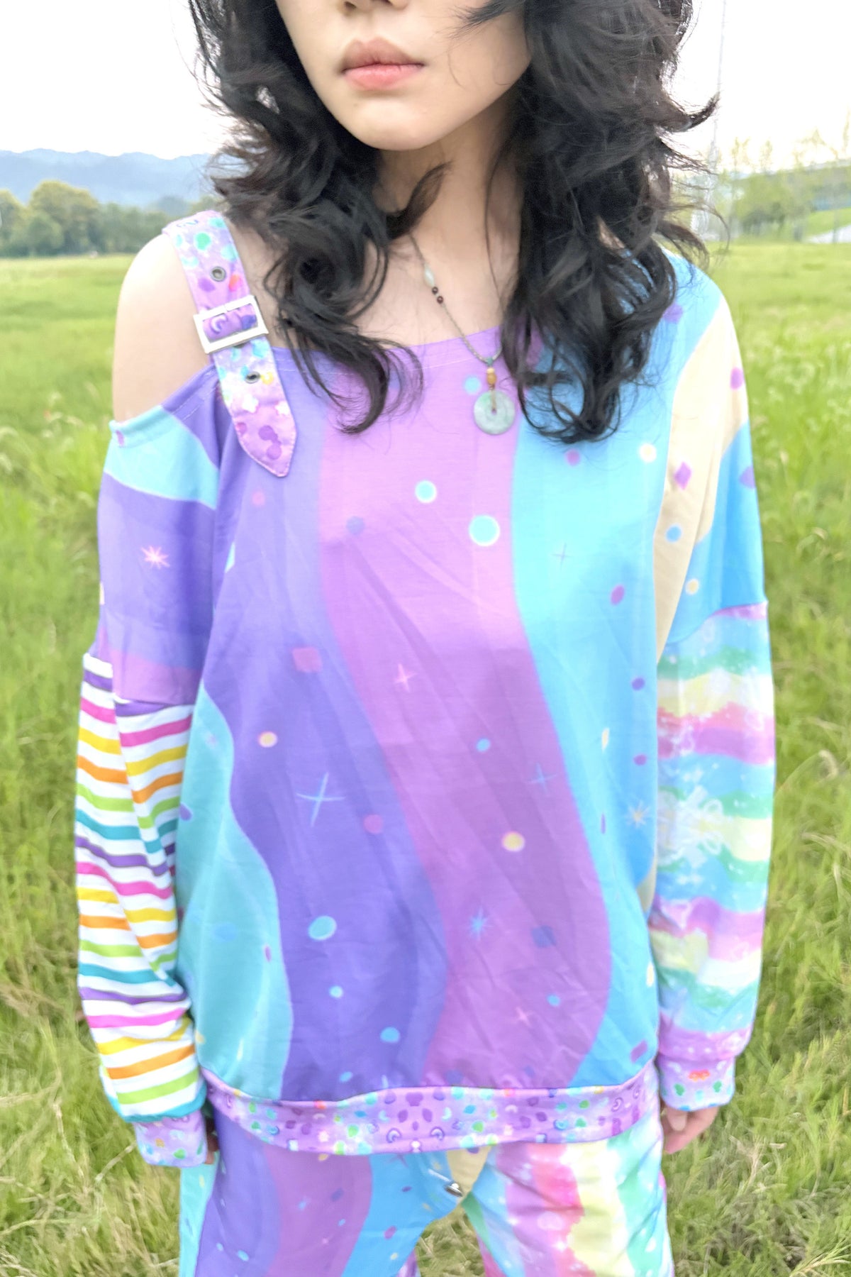 Neon Wave Y2K Off-Shoulder Sweatshirt