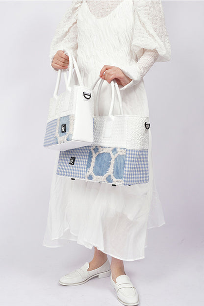 Borsa tote quadrata piccola a toppe con cuciture