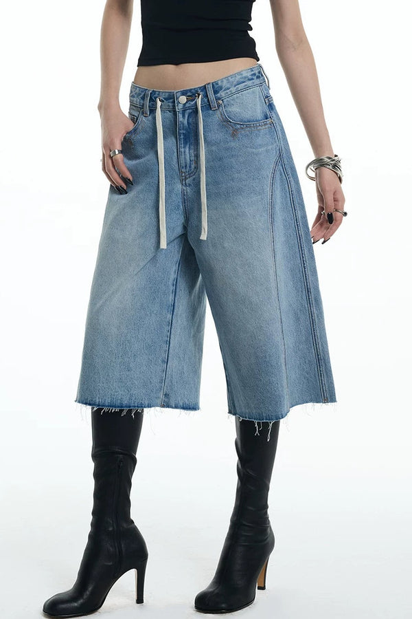 Embroidered Denim Mid-Length Pants